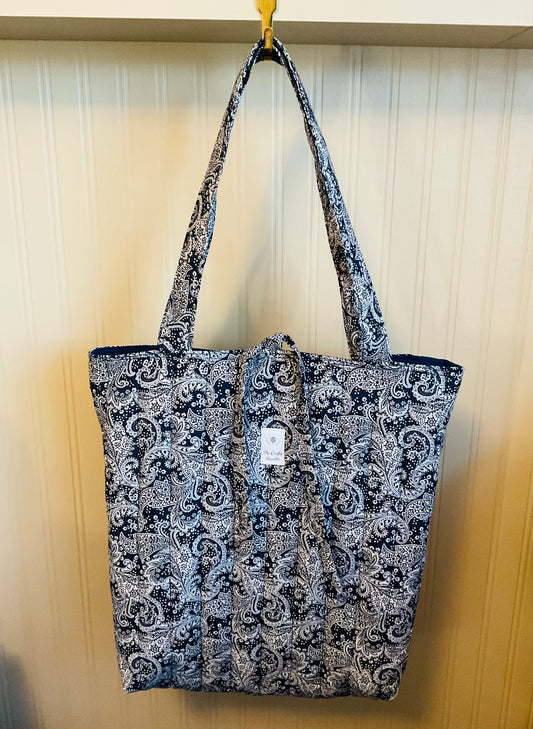 Quilted Tote Bag - Dark Blue Paisley